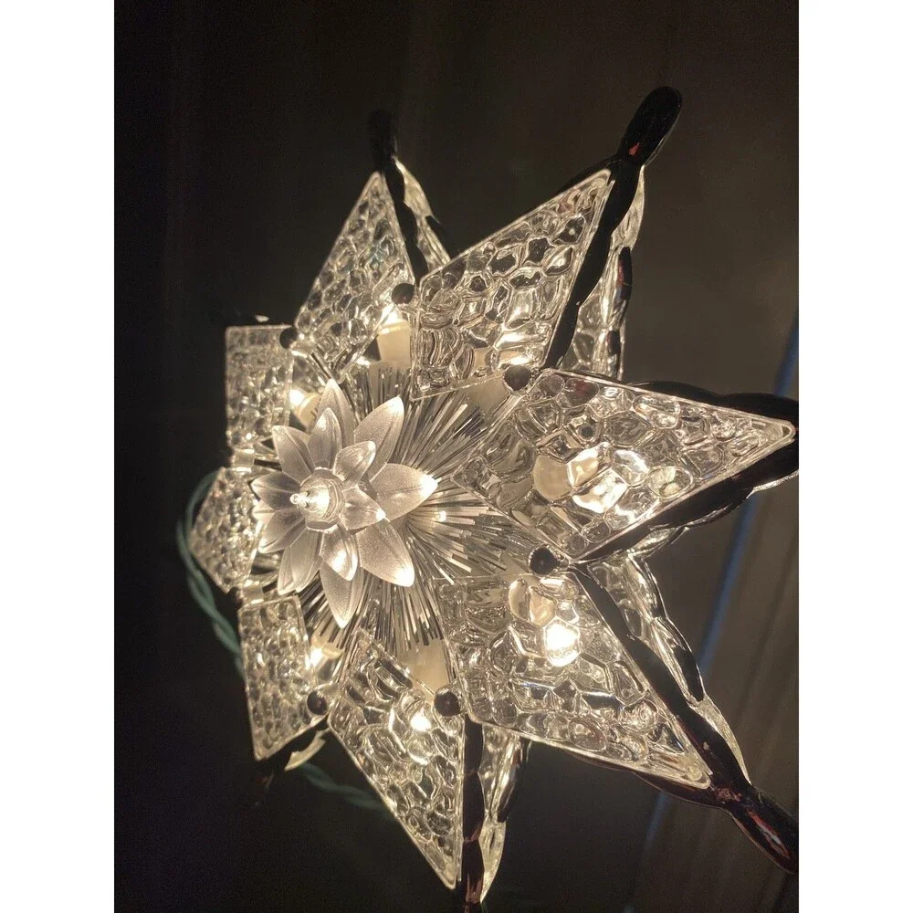 Christmas Lighted 8 Point STAR Tree Topper 2 Sided Acrylic Textured Tinsel